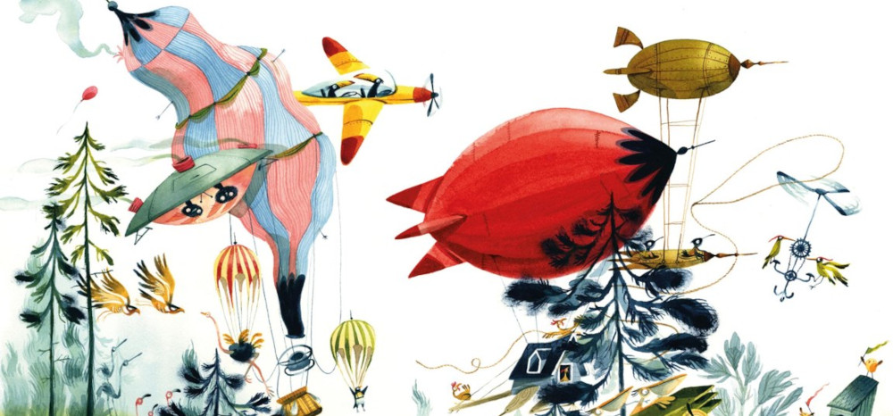 Zeichnung, verschiedenste Fluggeräte wie Flugzeuge, Zeppelin, Ballon, aber auch Vögel ziehen über den Himmel, unten sind Baumwipfel zu sehen