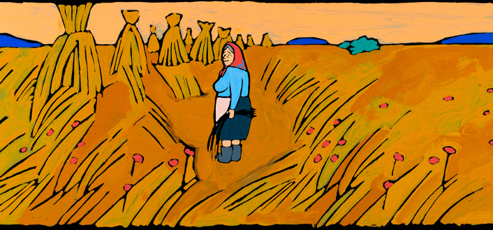 Farbige Zeichnung, eine Frau steht in einem Getreidefeld und erntet