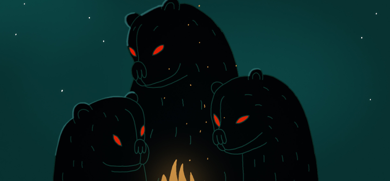 Zeichnung in Farbe, drei Bären sitzen in der Nacht um ein Feuer