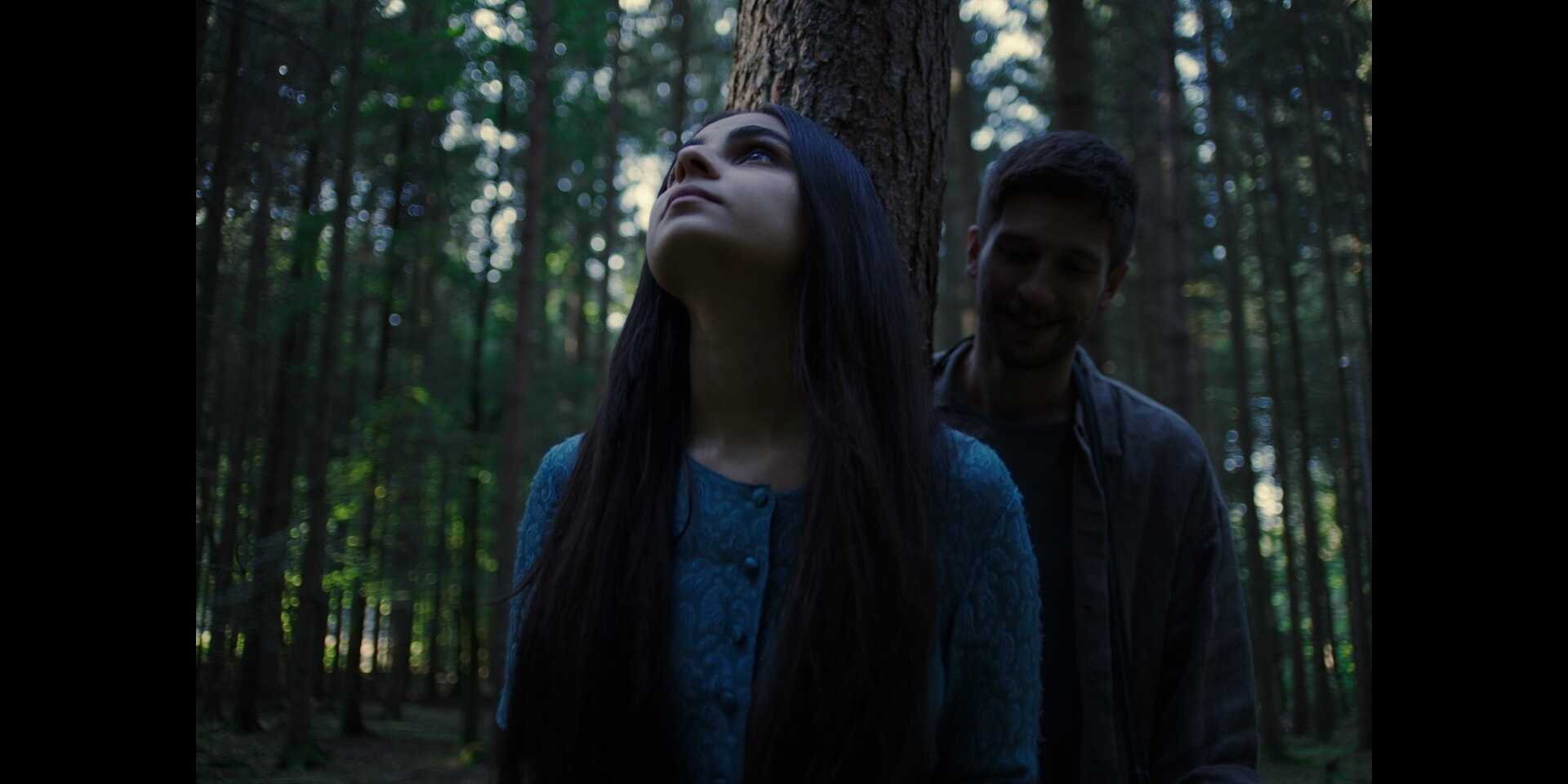 Eine Frau und ein Mann stehen hintereinander im Wald, sie schaut nach oben und er nach unten