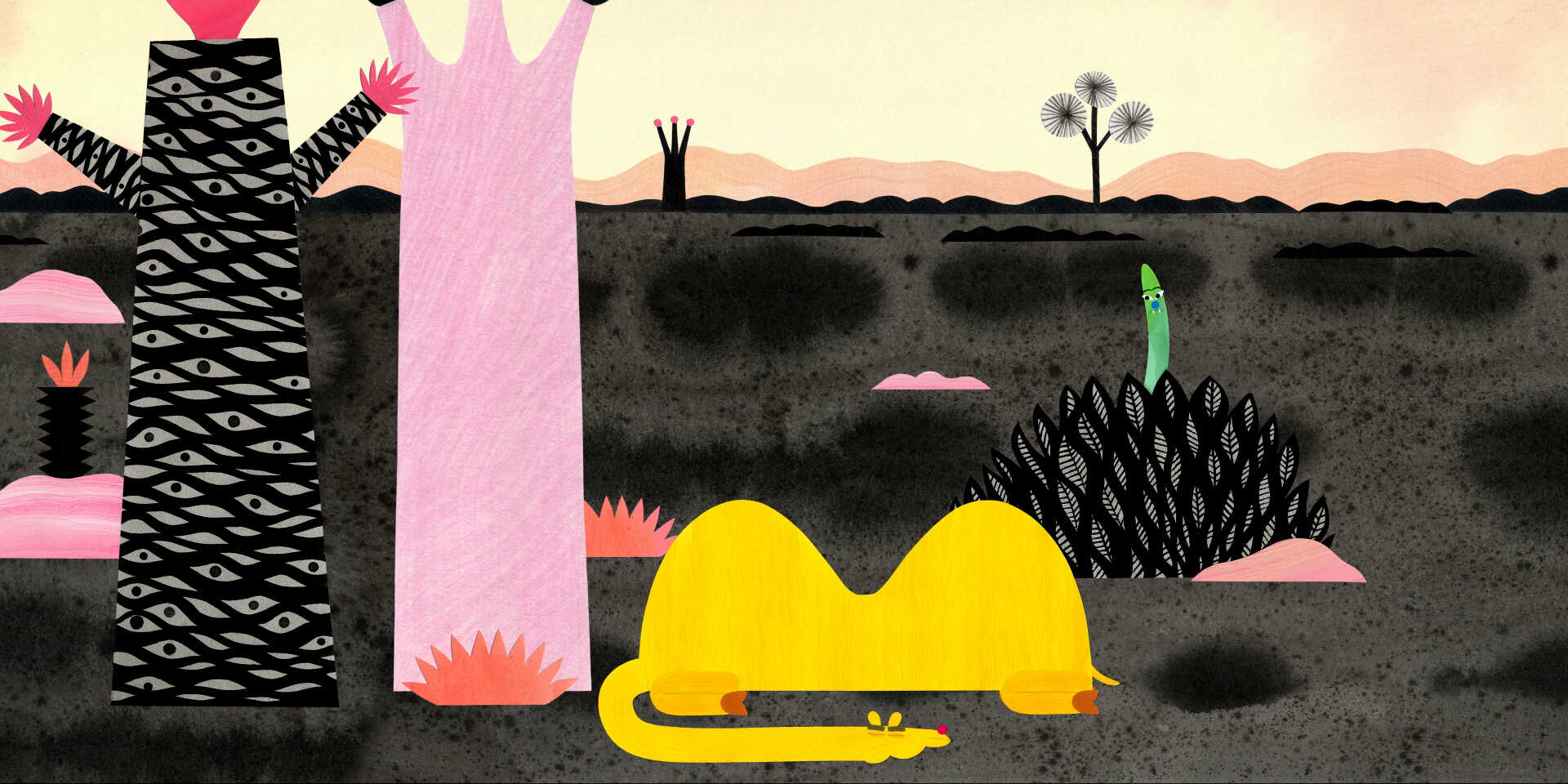 Eine Zeichentrick-Landschaft mit merkwürdigen Pflanzen und Tieren